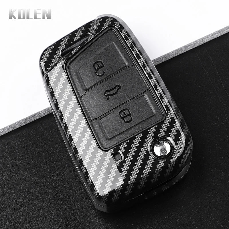 Car Key Cover Compatible with Volkswagen (VW) Golf 7 MK7 Tiguan MK2; SEAT Ateca Leon FR 2 Ibiza – Carbon Fiber Style