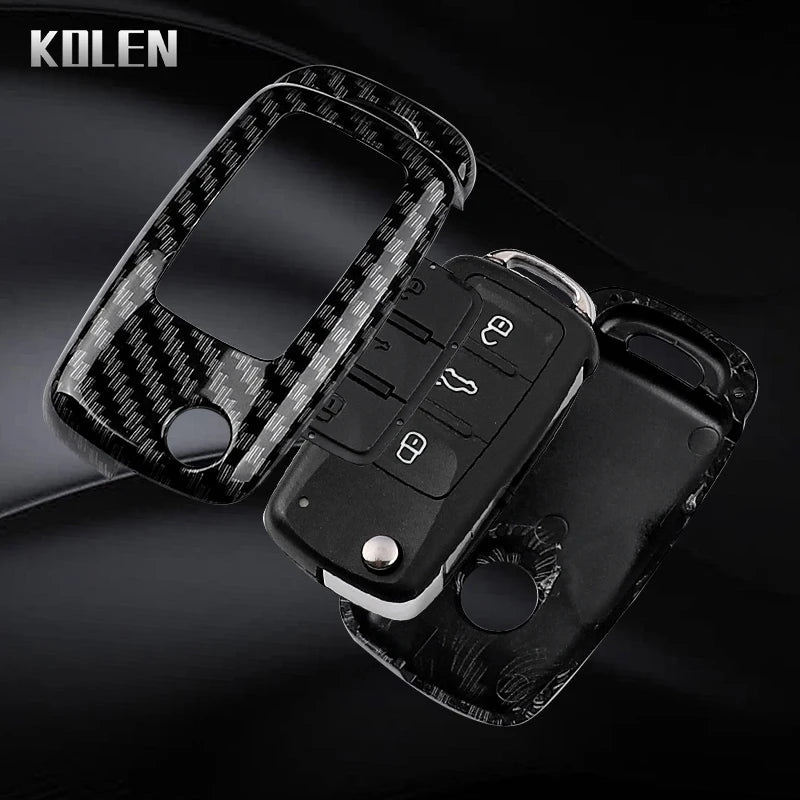 Car Key Cover Compatible with Volkswagen (VW) Polo Golf Passat Tiguan Beetle Caddy T5 Up Eos; Skoda Octavia; SEAT Leon Altea – Carbon Fiber Style