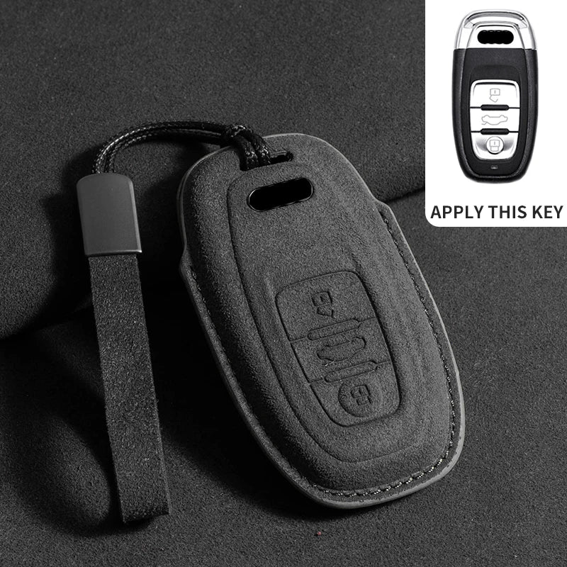 Suede Remote Key Fob Cover Compatible with Audi A6, A4, A5, A7, A8, C8, Q8, 8S, 8W, Q7, B9, 4M, S5, S4, S7, D5, TT, TTS, TFSI, e-tron – 3 Buttons