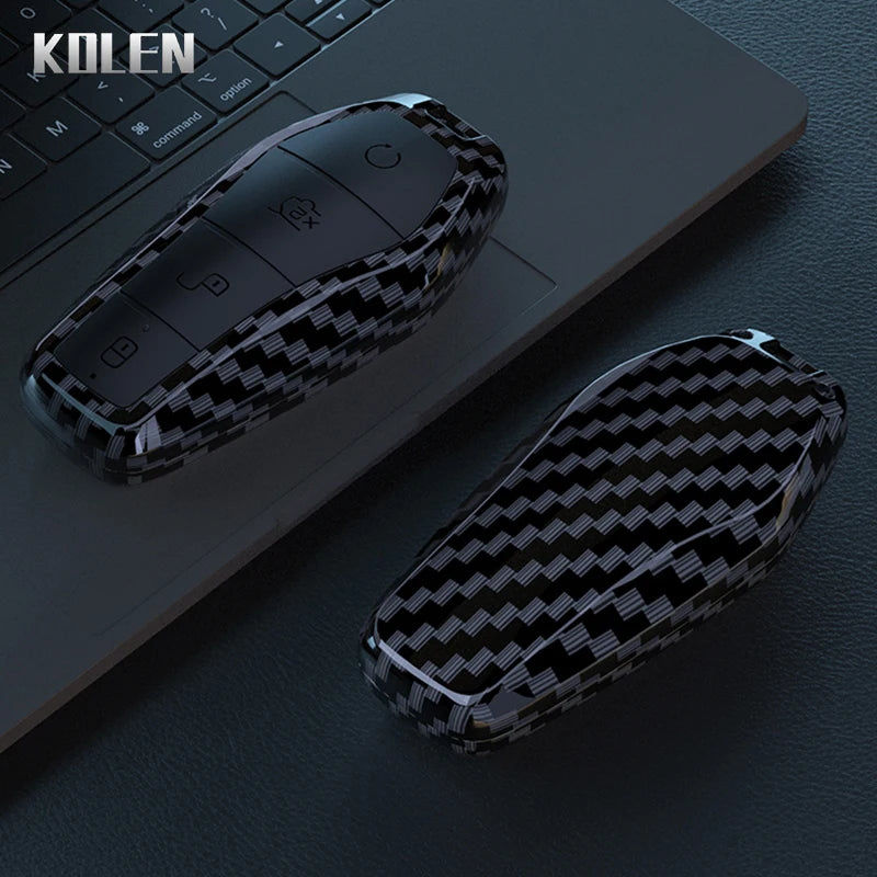 Car Key Cover Compatible with BYD Qin Plusdmi Atto 3 Han EV Dolphin – 4 Buttons – Carbon Fiber Style