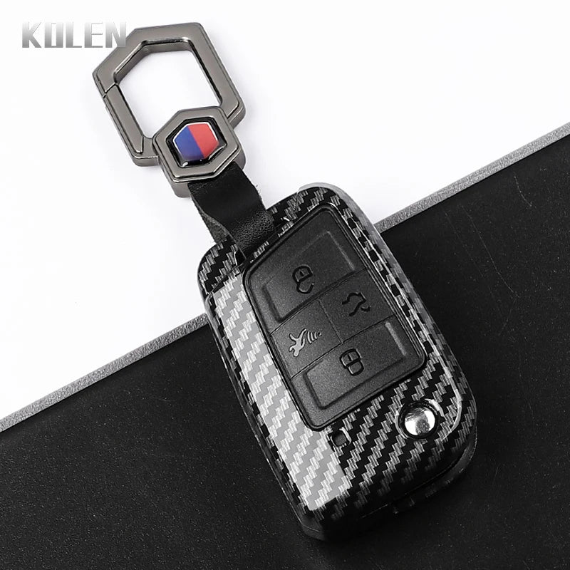 Car Key Cover Compatible with Volkswagen (VW) Golf 7 MK7 Tiguan MK2; SEAT Ateca Leon FR 2 Ibiza – Carbon Fiber Style