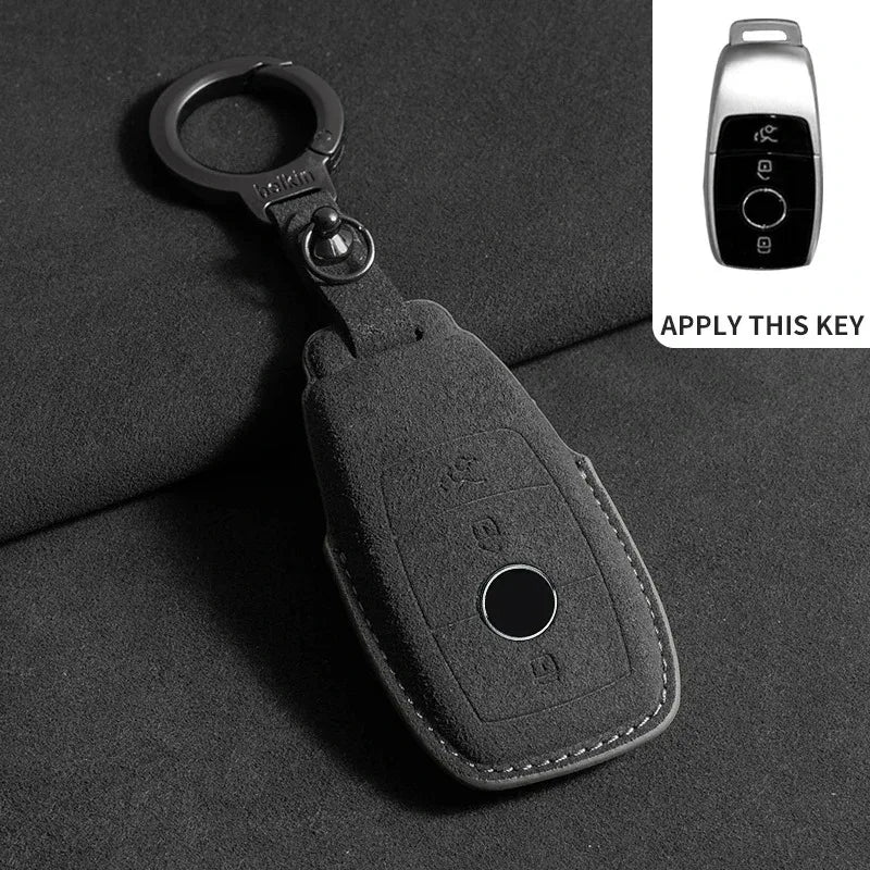 Suede Remote Key Fob Case Compatible with Mercedes-Benz E-Class, W213, W205, E200, E260, E300, E320, AMG, CLA, 2018, 2019, 2020