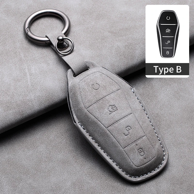 Leather Remote Key Fob Cover Compatible with BYD Atto 3, Han EV, Dolphin – 4 Buttons