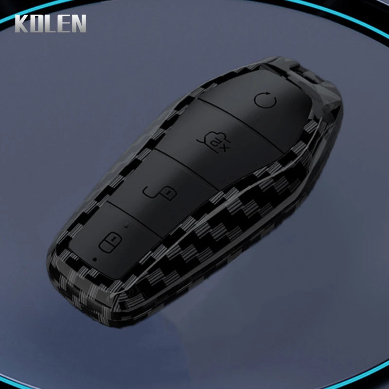 Car Key Cover Compatible with BYD Qin Plusdmi Atto 3 Han EV Dolphin – 4 Buttons – Carbon Fiber Style