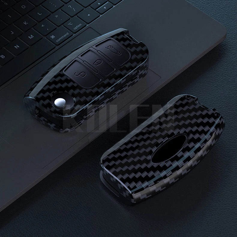 Car Key Cover Compatible with Ford Fiesta Focus 2 Ecosport Kuga Escape Falcon B-Max C-Max Eco Sport Galaxy – Carbon Fiber Style