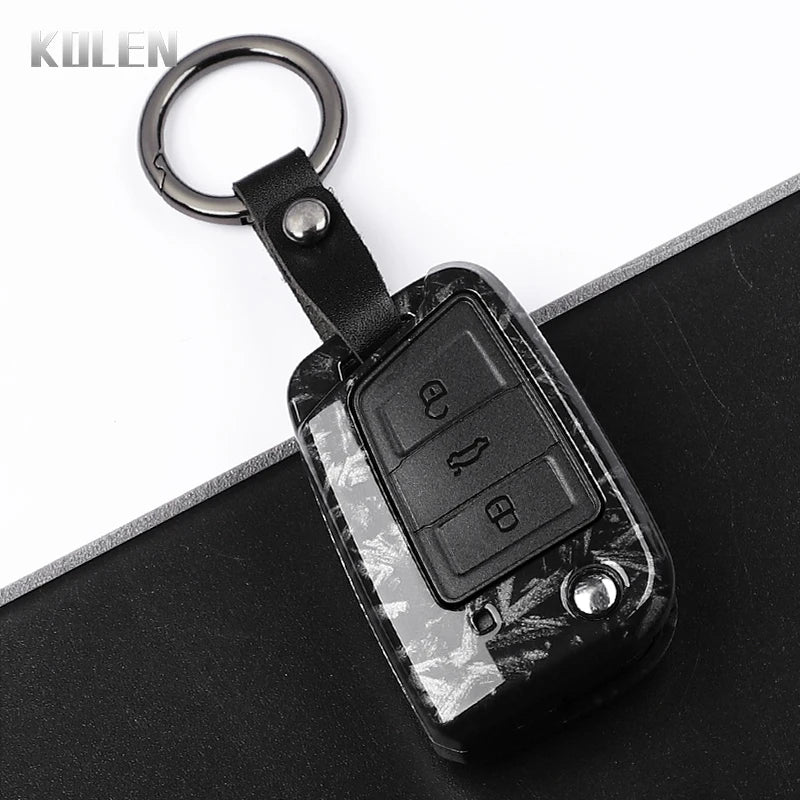 Car Key Cover Compatible with Volkswagen (VW) Golf 7 MK7 Tiguan MK2; SEAT Ateca Leon FR 2 Ibiza – Carbon Fiber Style