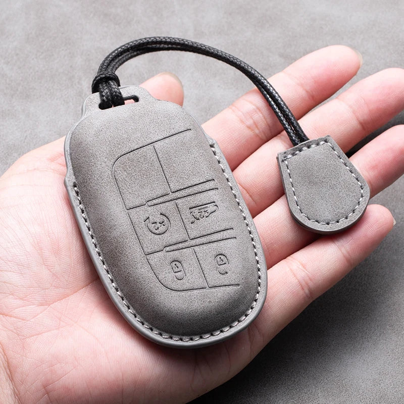 Leather Car Key Fob Cover Compatible with Jeep Renegade, Compass, Grand Cherokee, Wrangler; Chrysler 300C