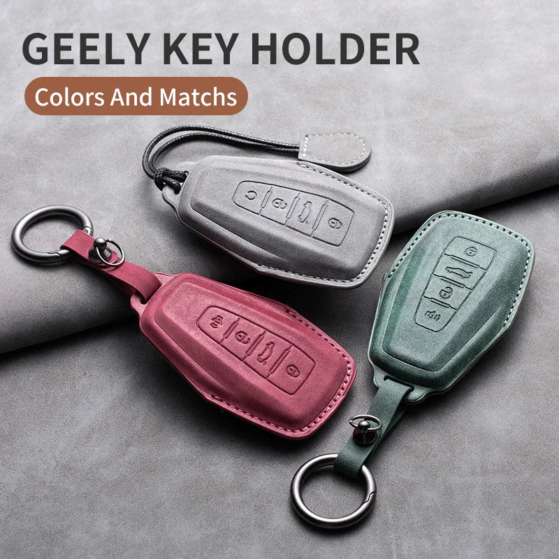 Leather Car Key Cover Compatible with Geely Coolray, X6, Emgrand, Global Hawk, GX7, Atlas, Boyue, NL3, X7, EX7, Kulrey, GT, GC9