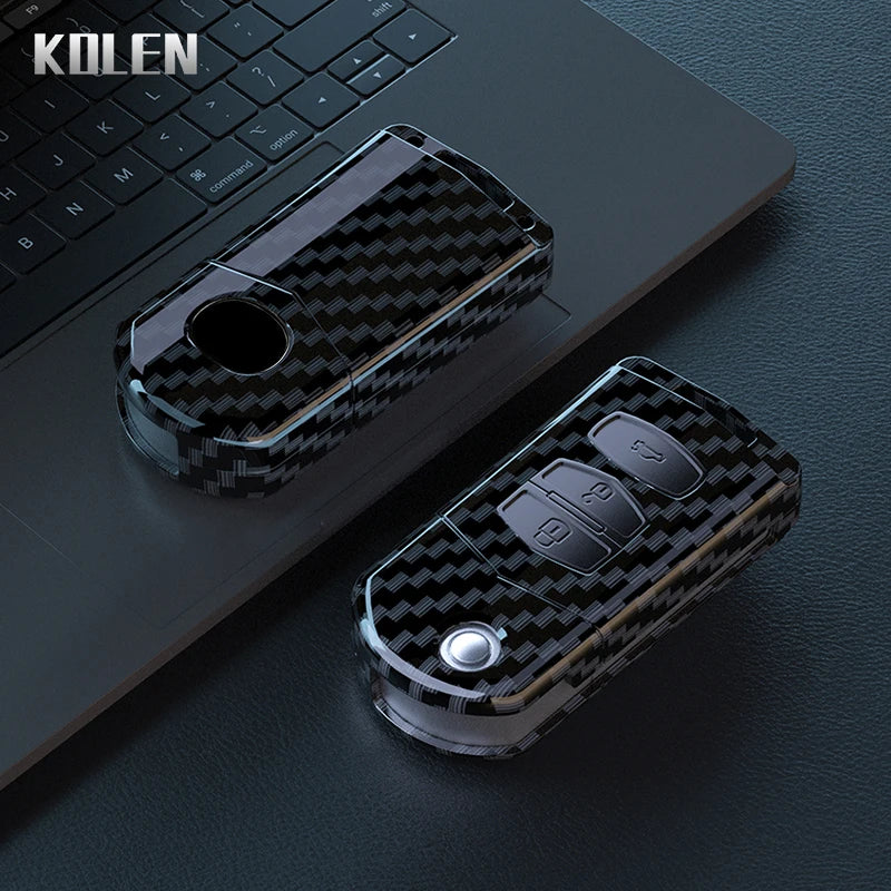 Flip Key Cover Compatible with Mazda 2 3 5 6 8 CX7 CX-7 CX5 CX-5 CX9 CX-9 MX5 MX-5 M6 RX8 RX-8 – 2/3/4 Buttons – Carbon Fiber Style