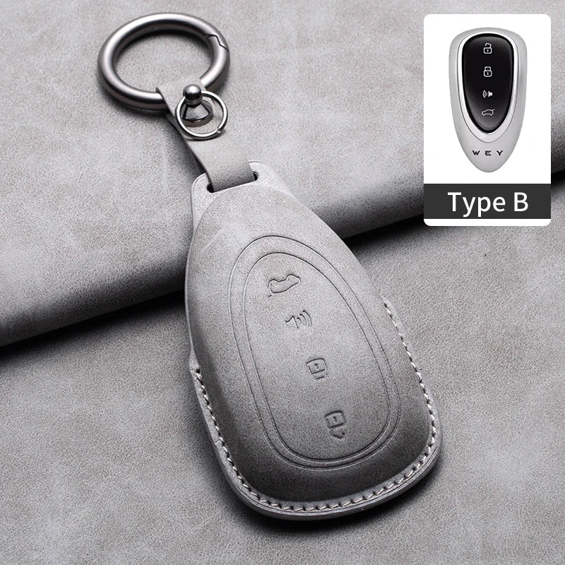 Leather Car Key Fob Cover Compatible with Great Wall GWM WEY Coffee01, Coffee02, WEY-X, WEY-S, WEY-GT, VV7 GT