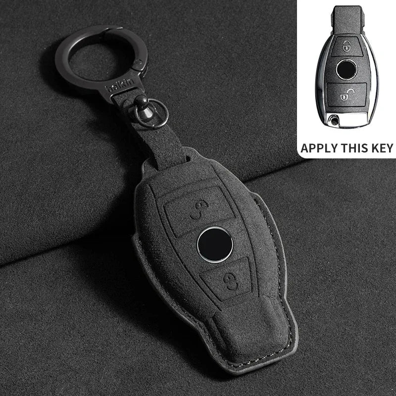 Suede Remote Key Fob Case Compatible with Mercedes-Benz E-Class, W213, W205, E200, E260, E300, E320, AMG, CLA, 2018, 2019, 2020