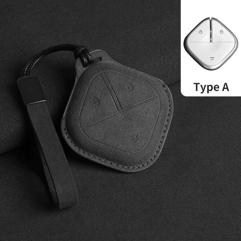 Suede Leather Car Key Fob Cover Compatible with SGMW Wuling Baojun Air, Yep, KiWi EV, E100, 630, 510, 730, 610, 530, 560, RS-5