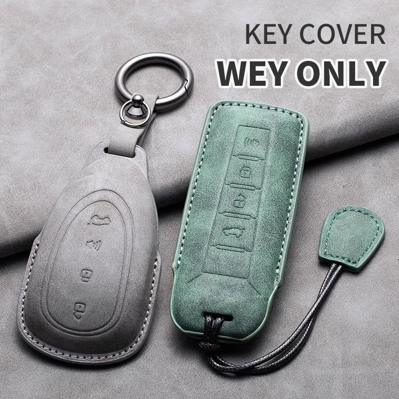 Leather Car Key Fob Cover Compatible with Great Wall GWM WEY Coffee01, Coffee02, WEY-X, WEY-S, WEY-GT, VV7 GT