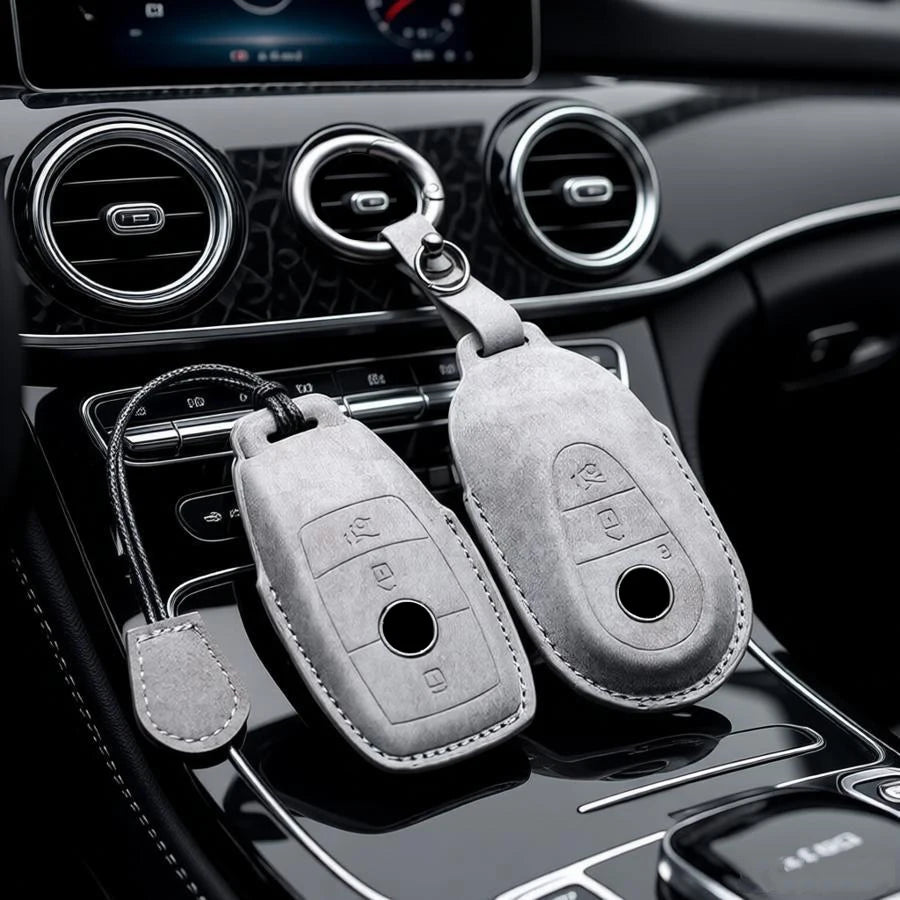 Leather Car Key Cover Compatible with Mercedes-Benz A-Class, C-Class, E-Class, S-Class, G-Class, GLC, CLE, CLA, W177, W205, W213, W222, X167, AMG