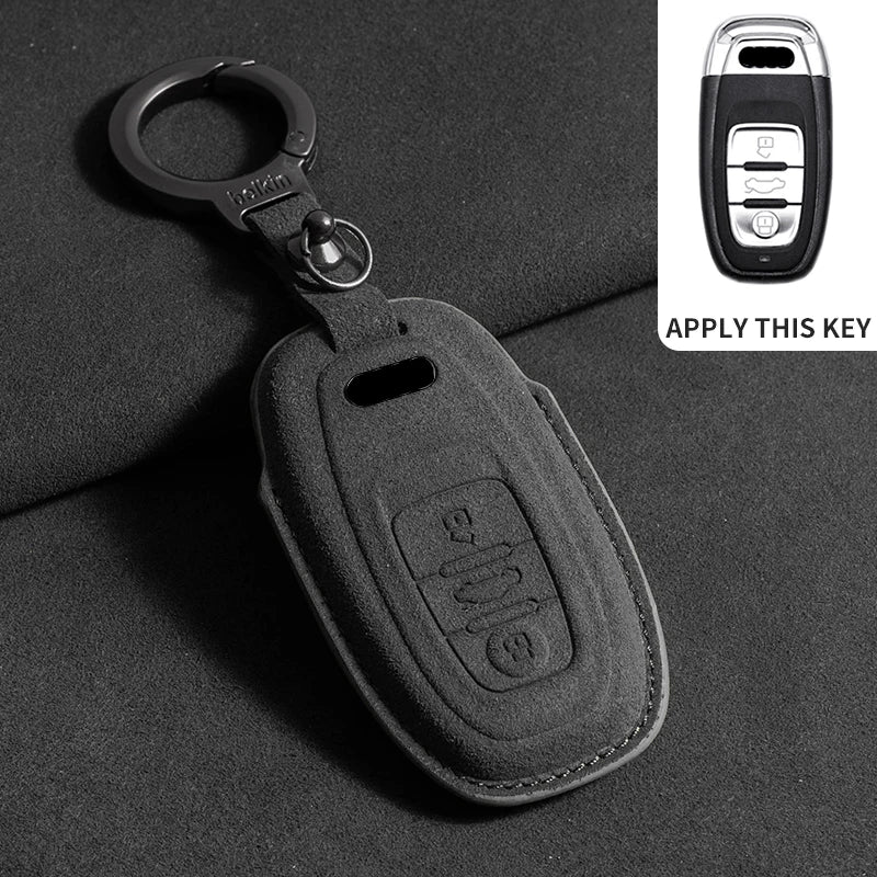 Suede Remote Key Fob Cover Compatible with Audi A6, A4, A5, A7, A8, C8, Q8, 8S, 8W, Q7, B9, 4M, S5, S4, S7, D5, TT, TTS, TFSI, e-tron – 3 Buttons