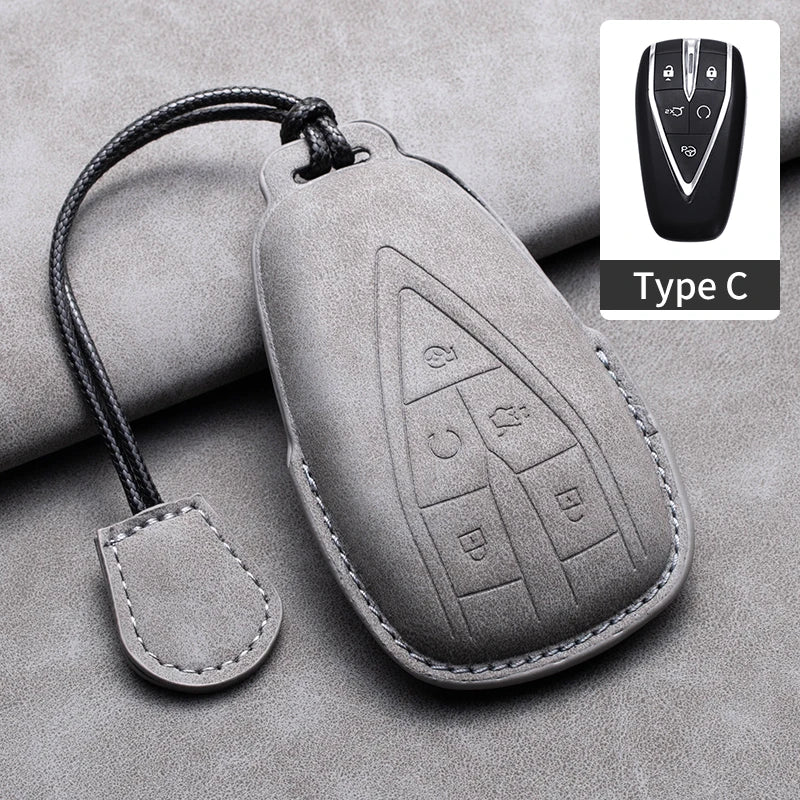 Leather Remote Key Fob Cover Compatible with Changan CS35 Plus, CS55 Plus, CS75 Plus, Eado, UNI-T, UNI K, Oushang X5, X7, EV