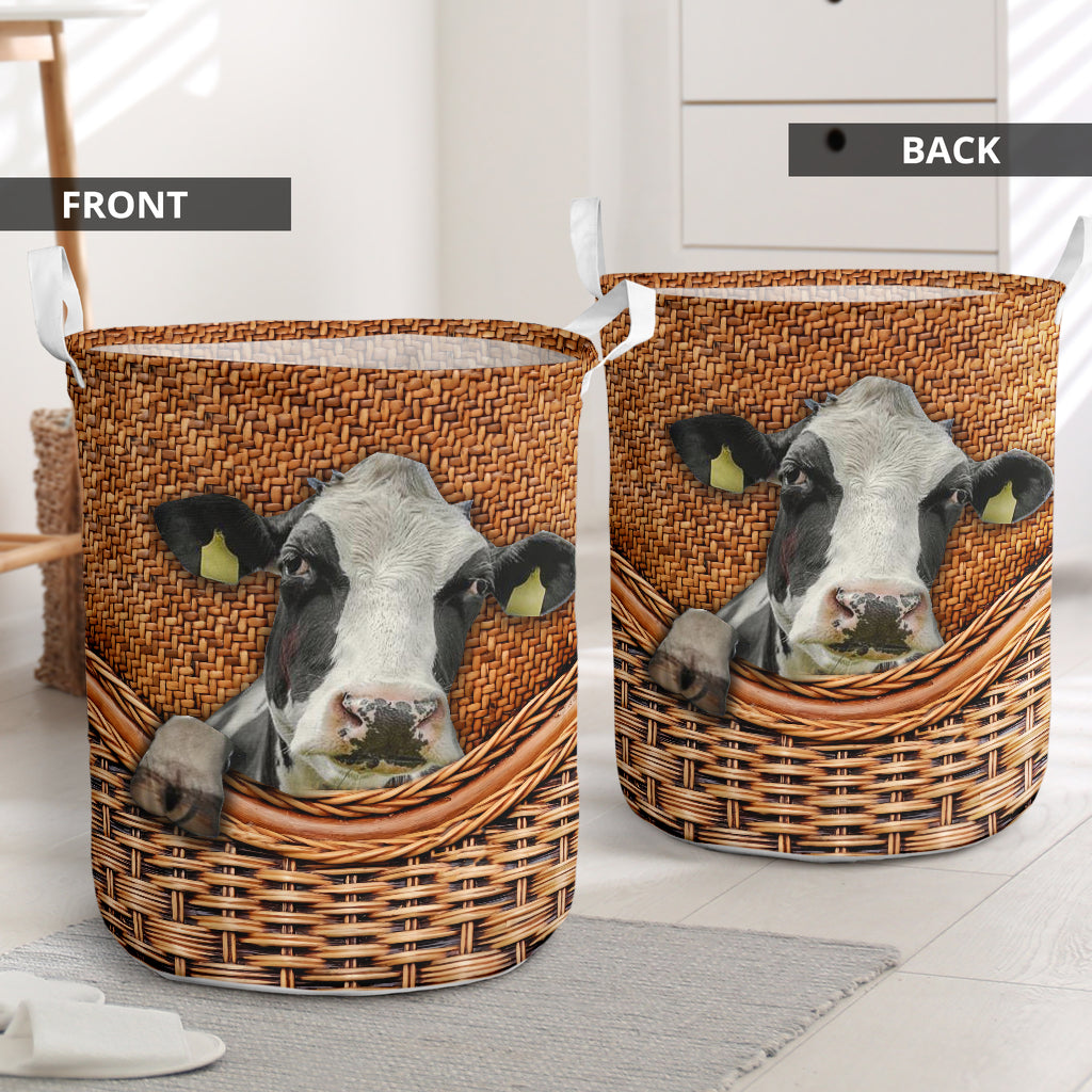 Cute Cow Brown Rattan Laundry Basket For Bathroom Bedroom Storage