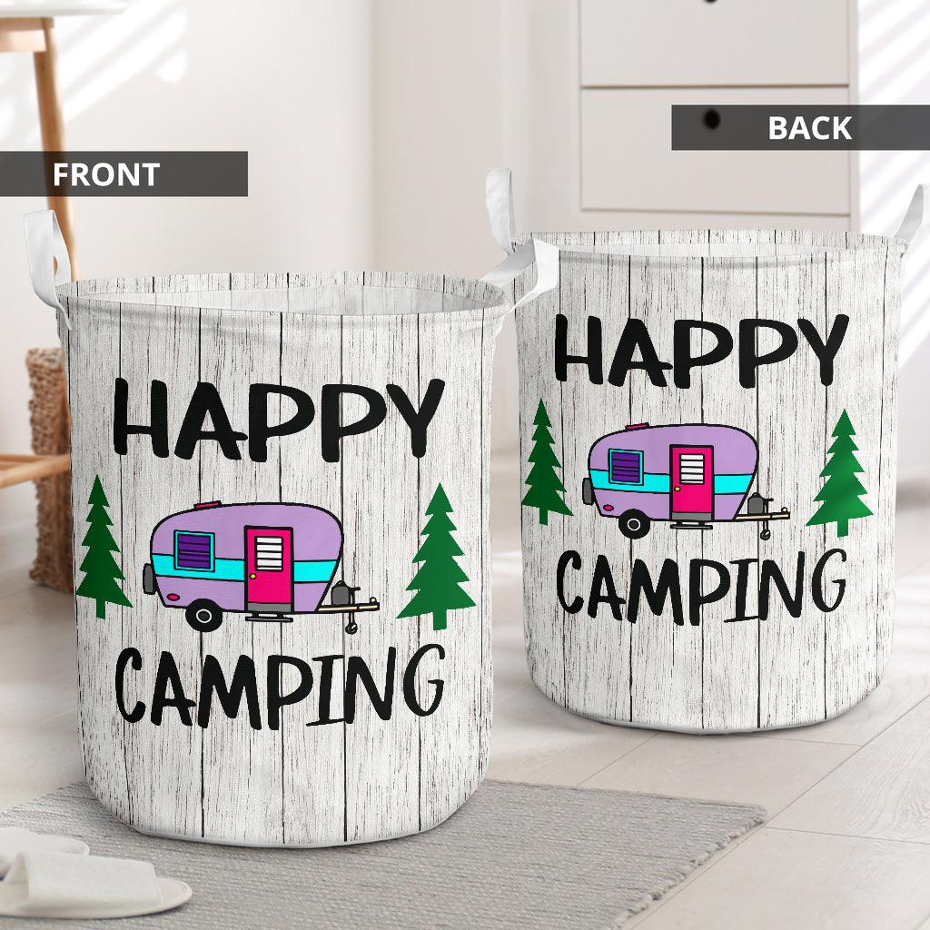Camping Van Wooden Happy Laundry Basket For Bathroom Bedroom Storage