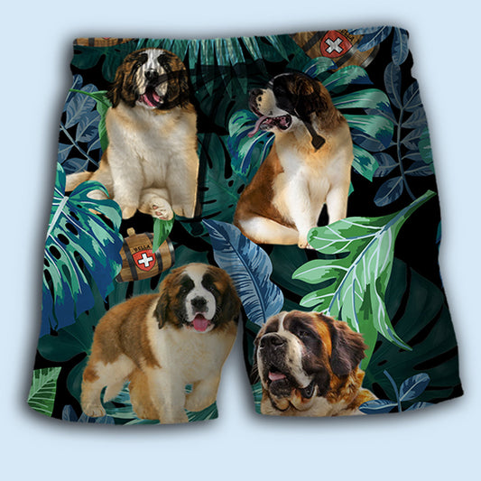 Saint Bernard Dog Tropical Leaf Beach Shorts Pattern View For Coastal Holidays And Casual Activities