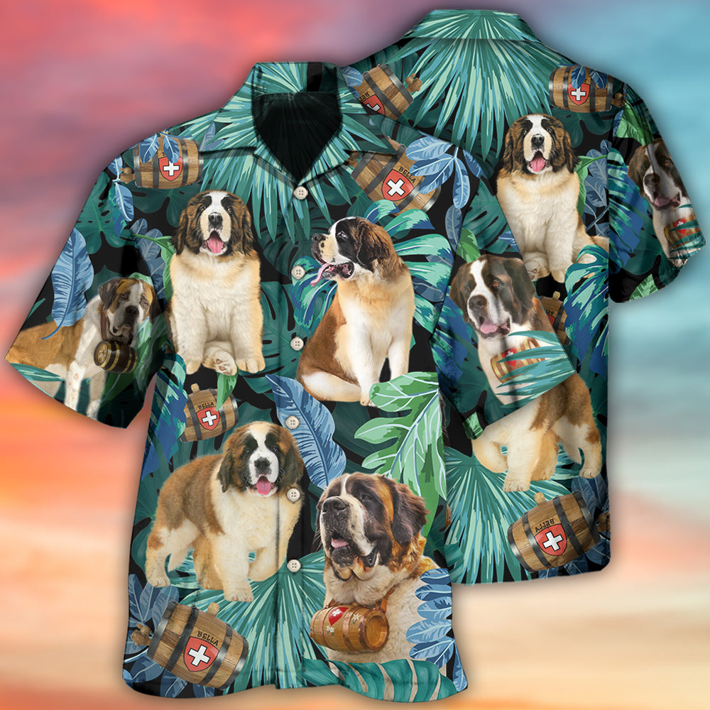 Tropical Dog Saint Bernard Leaf Hawaiian Shirt Artwork Detail For Resort Trips And Outdoor Activities