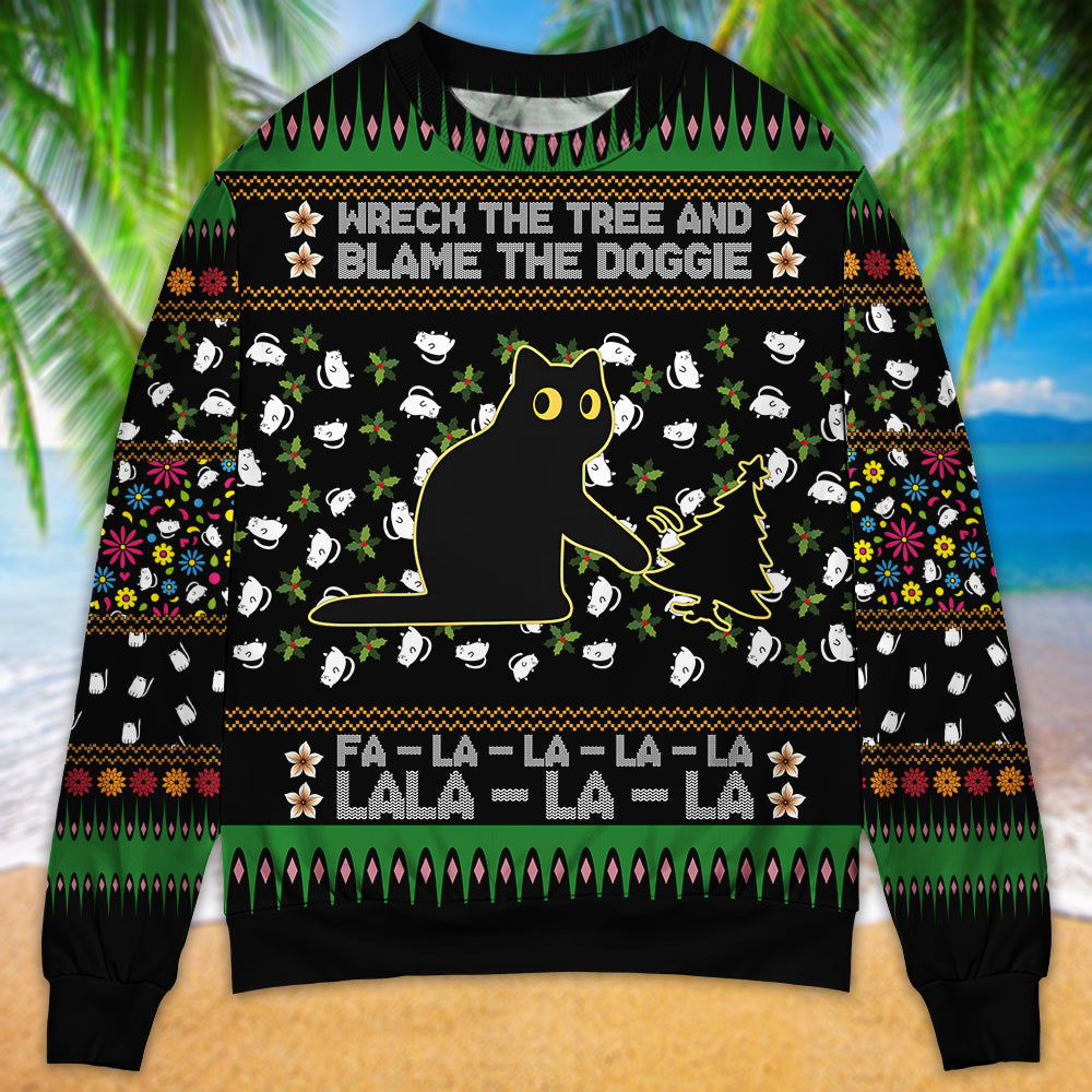 Black Cat Tree Mishap Funny Christmas Sweater For Festive Family Events Casual Wear And Holiday Gift Giving