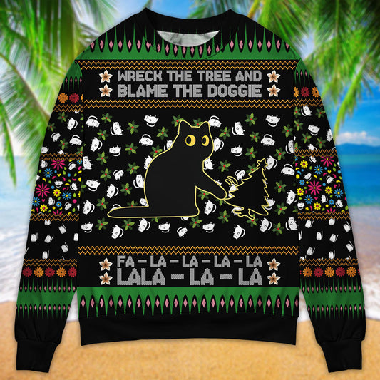 Black Cat Tree Mishap Funny Christmas Sweater For Festive Family Events Casual Wear And Holiday Gift Giving