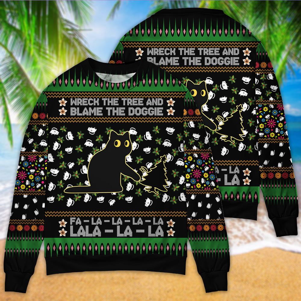 Black Cat Tree Mishap Funny Christmas Sweater For Festive Family Events Casual Wear And Holiday Gift Giving