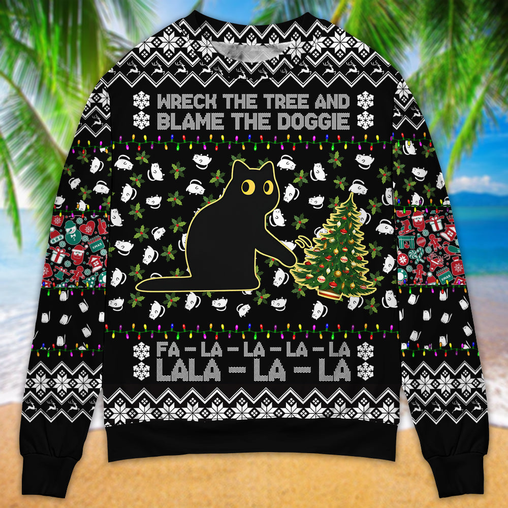 Black Cat Wrecks Tree Funny Christmas Sweater For Family Gatherings Winter Travel And Everyday Seasonal Comfort