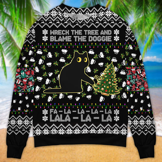 Black Cat Wrecks Tree Funny Christmas Sweater For Family Gatherings Winter Travel And Everyday Seasonal Comfort