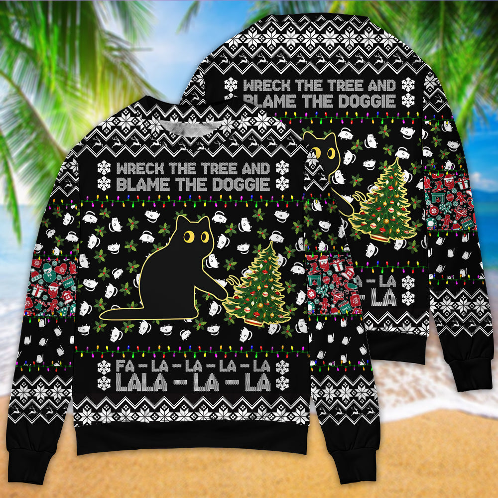 Black Cat Wrecks Tree Funny Christmas Sweater For Family Gatherings Winter Travel And Everyday Seasonal Comfort