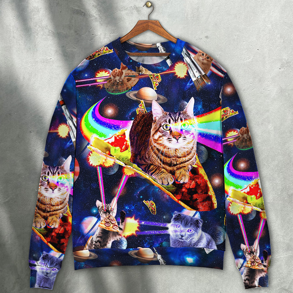 Space Cat Riding Food Galaxy Sweater For Nature Inspired Fashion Events And Relaxed Everyday Comfort