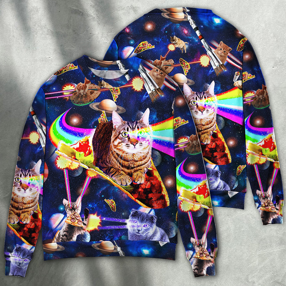Space Cat Riding Food Galaxy Sweater For Nature Inspired Fashion Events And Relaxed Everyday Comfort
