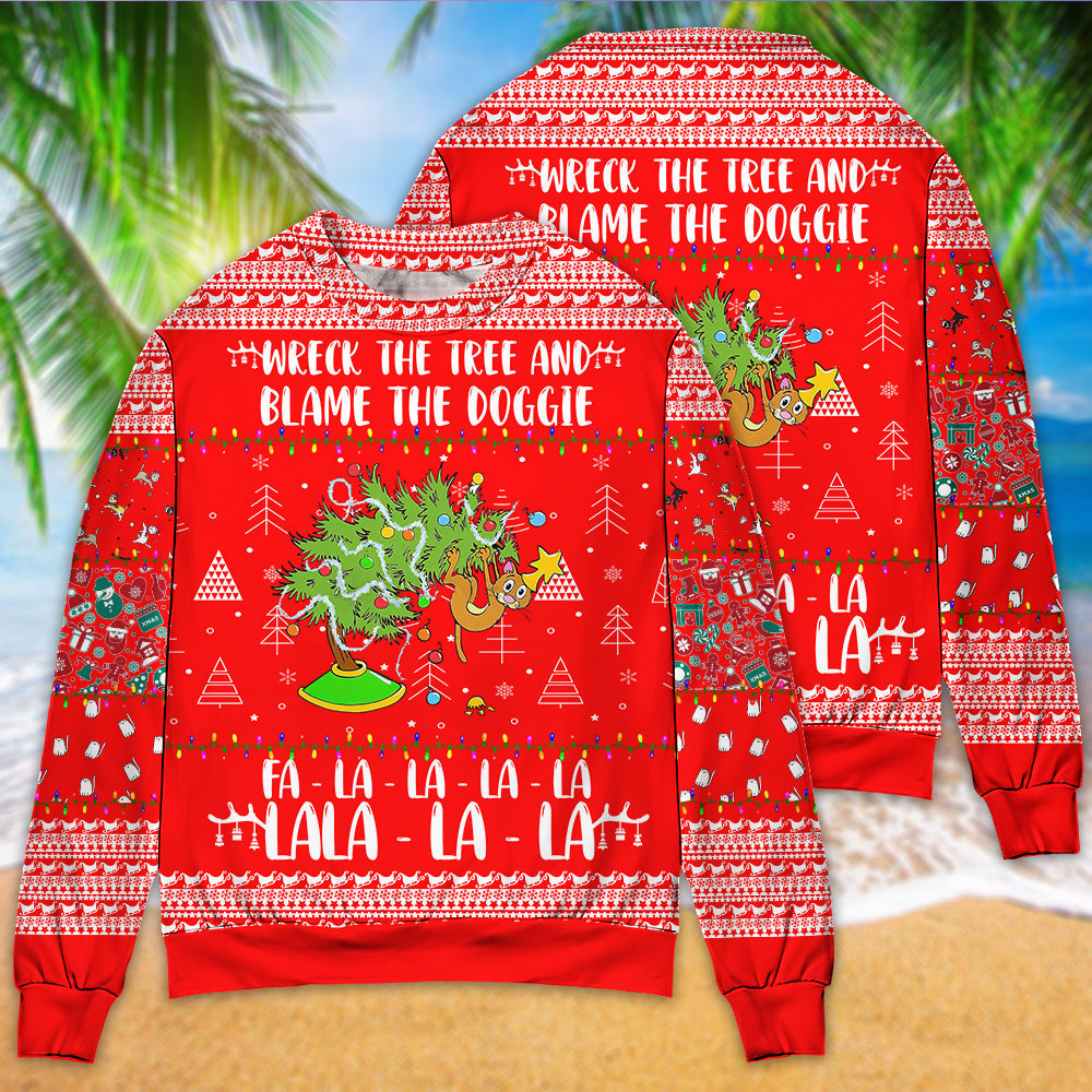 Cat Wrecks Tree Christmas Red Sweater For Family Gatherings Winter Travel And Everyday Seasonal Comfort