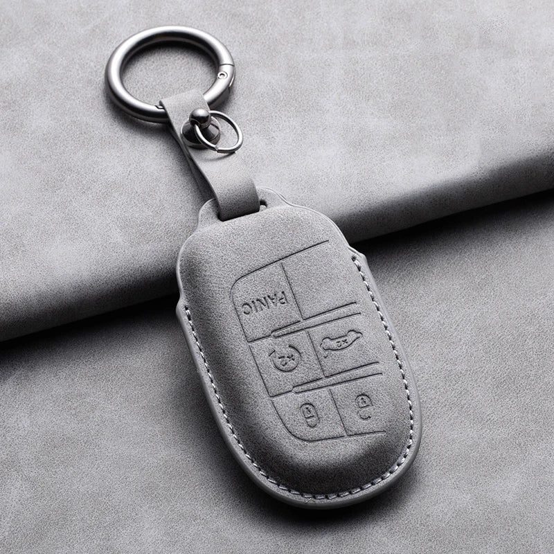 Leather Car Key Fob Cover Compatible with Jeep Commander, Grand, WK2, KL, BU, MP; Dodge; Chrysler 200, 300C