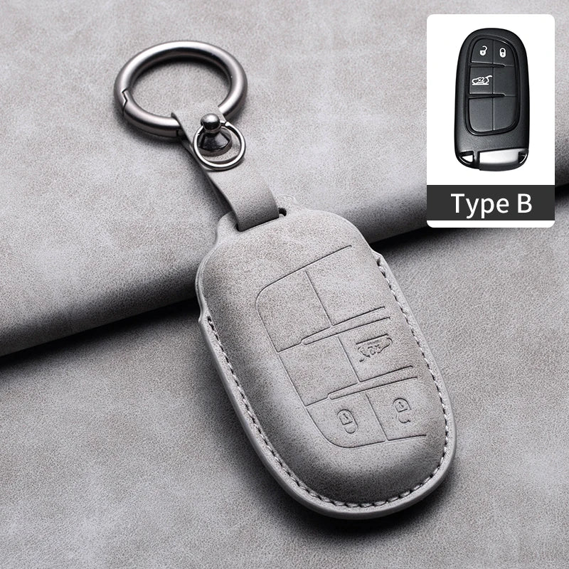 Leather Car Key Fob Cover Compatible with Jeep Renegade, Compass, Grand Cherokee, Wrangler; Chrysler 300C