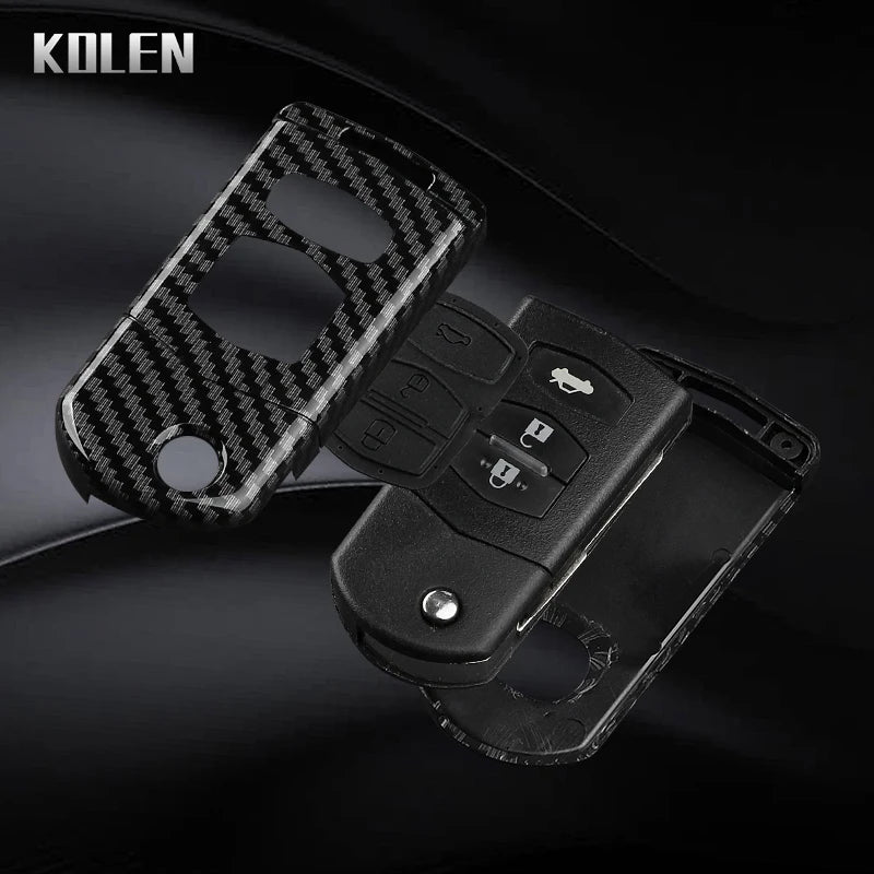 Flip Key Cover Compatible with Mazda 2 3 5 6 8 CX7 CX-7 CX5 CX-5 CX9 CX-9 MX5 MX-5 M6 RX8 RX-8 – 2/3/4 Buttons – Carbon Fiber Style