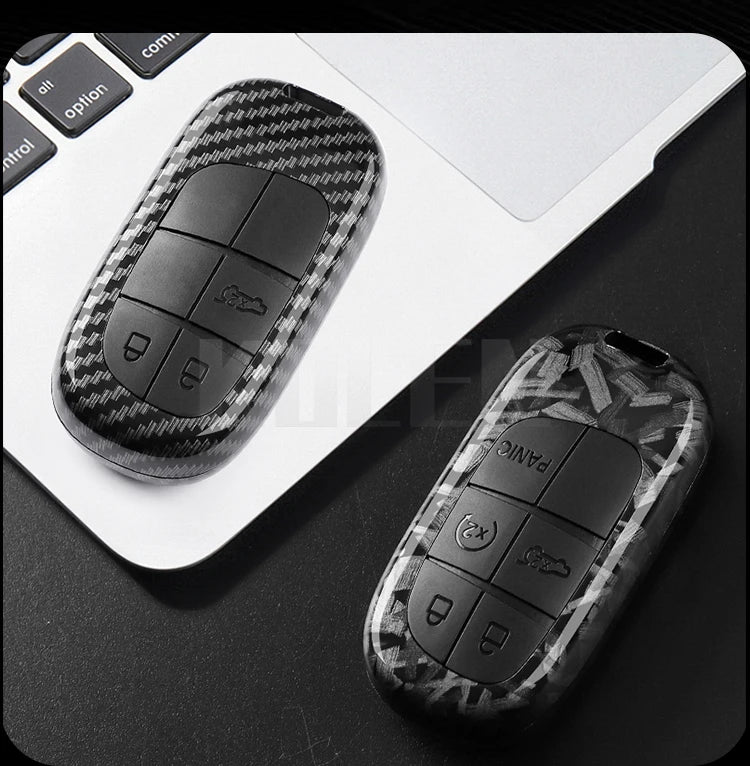 Car Key Cover Compatible with Jeep Renegade Grand Cherokee; Dodge Journey Charger; Chrysler 200 300 – Carbon Fiber Style