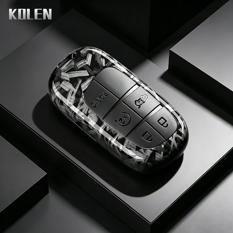 Car Key Cover Compatible with Jeep Renegade Grand Cherokee; Dodge Journey Charger; Chrysler 200 300 – Carbon Fiber Style