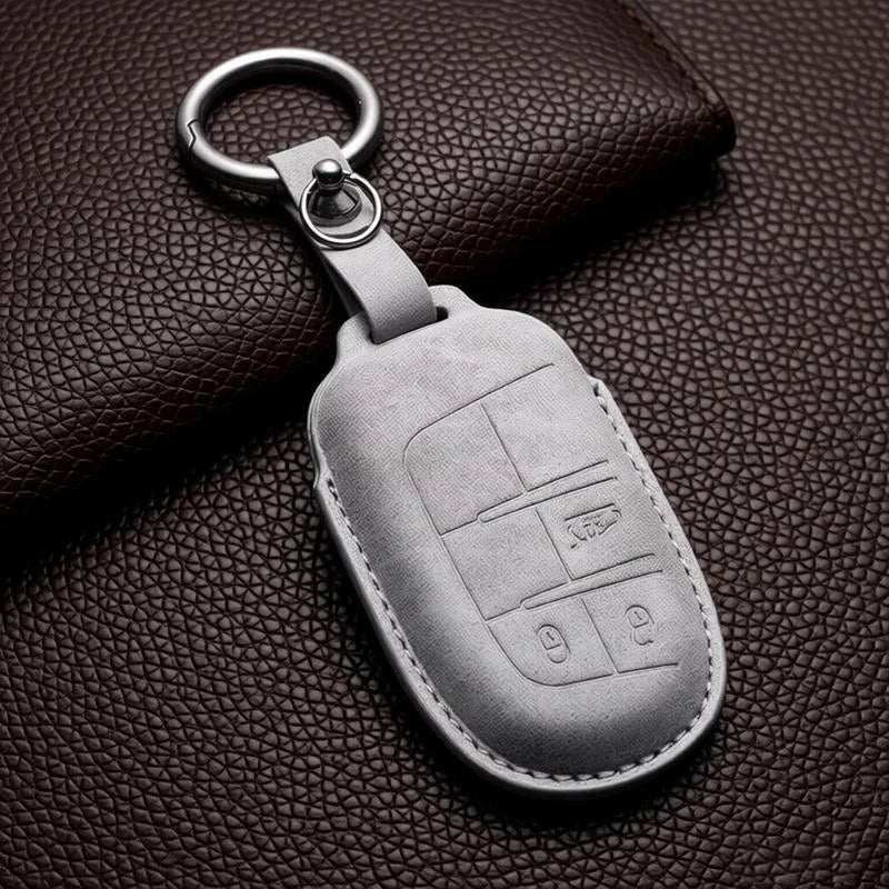 Leather Car Key Fob Cover Compatible with Jeep Renegade, Compass, Grand Cherokee, Wrangler; Chrysler 300C