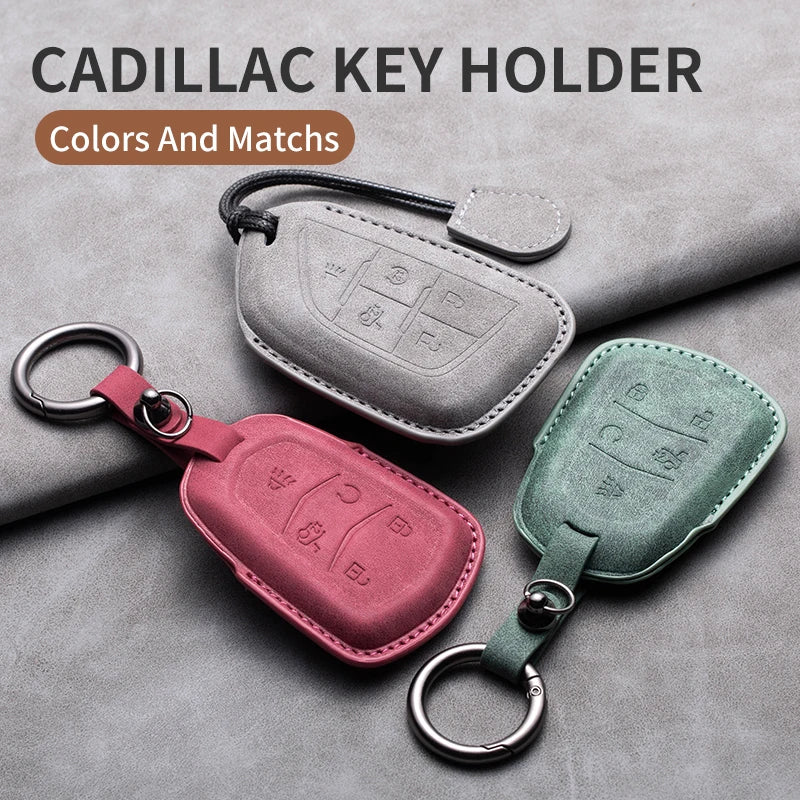 Leather Car Key Fob Cover Compatible with Cadillac CT4, CT5, ATS, CT6, CTS, DTS, XT5, Escalade ESV, SRX, STS, XTS, XT4, 28T, ELR
