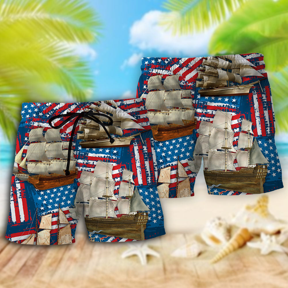 Sailing Adventure USA Independence Day Beach Shorts Pattern View For Vacation Travel And Outdoor Fun
