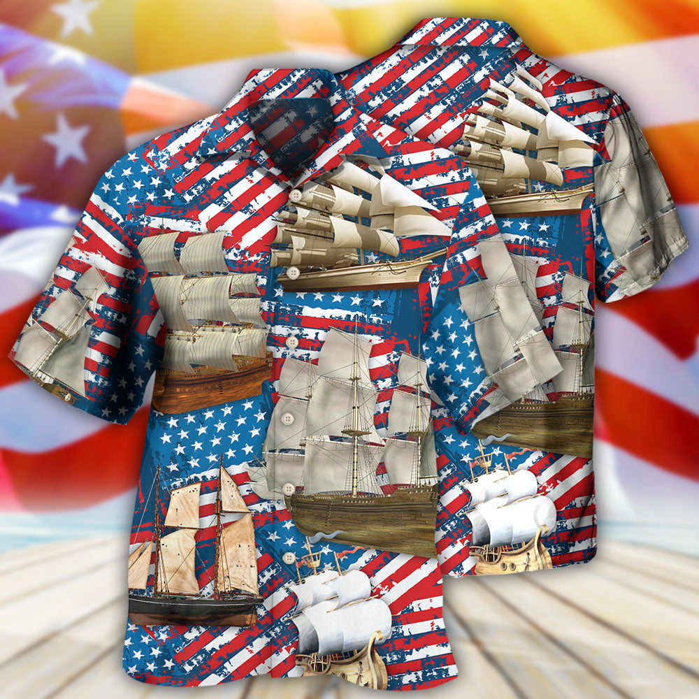 Sailing American Independence Day Hawaiian Shirt Artwork Detail For Resort Trips And Outdoor Activities