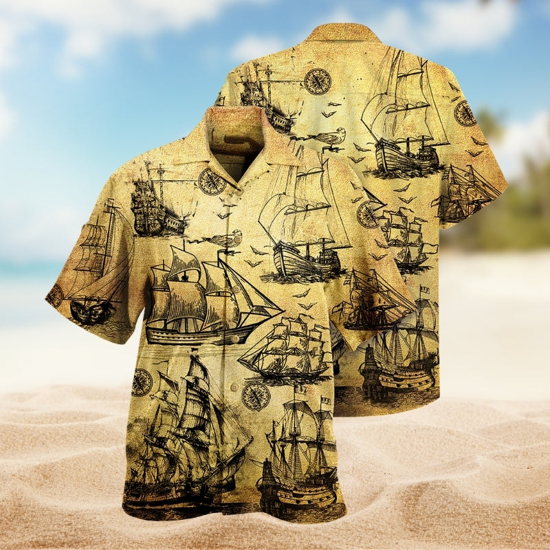 Vintage Sail Hawaiian Shirt For Tropical Holidays, Outdoor Gatherings, And Everyday Comfort