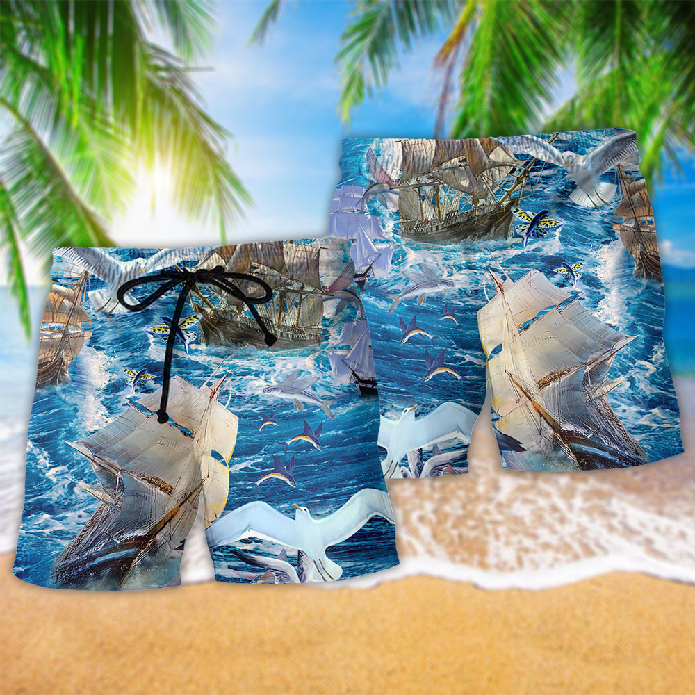 Sailing Far Fly Nautical Inspiration Beach Shorts Pattern Detail For Sunny Day Activities And Laid Back Daily Wear