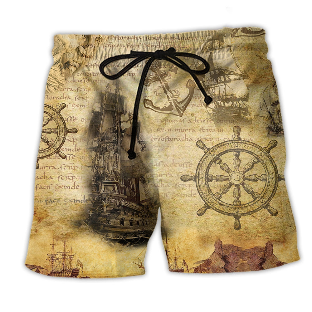Sailing Ship Find Your Soul Beach Shorts Print Detail For Relaxed Warm Weather Outfits