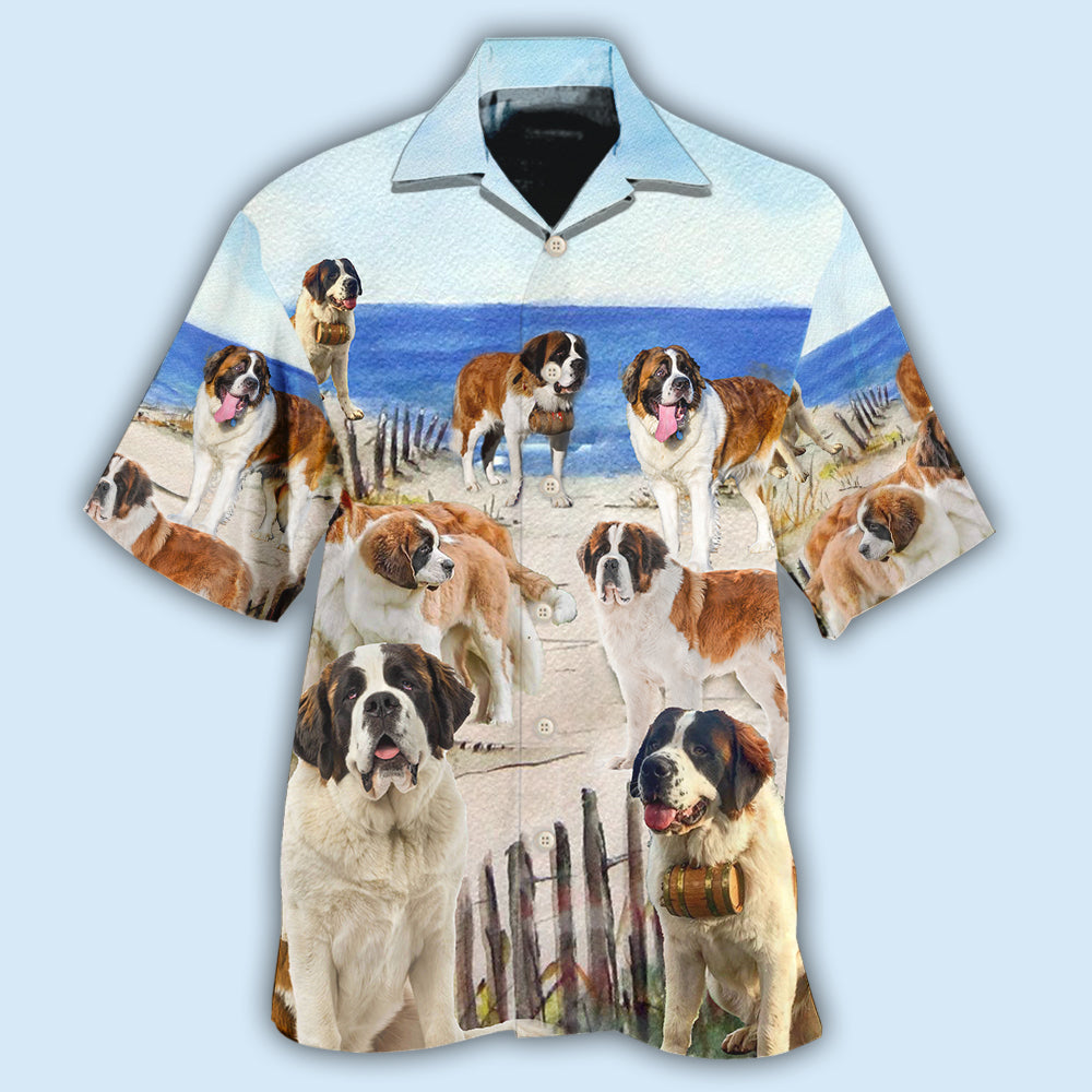Funny Dog Saint Bernard Beach Hawaiian Shirt Pattern Detail For Summer Holidays And Outdoor Fun