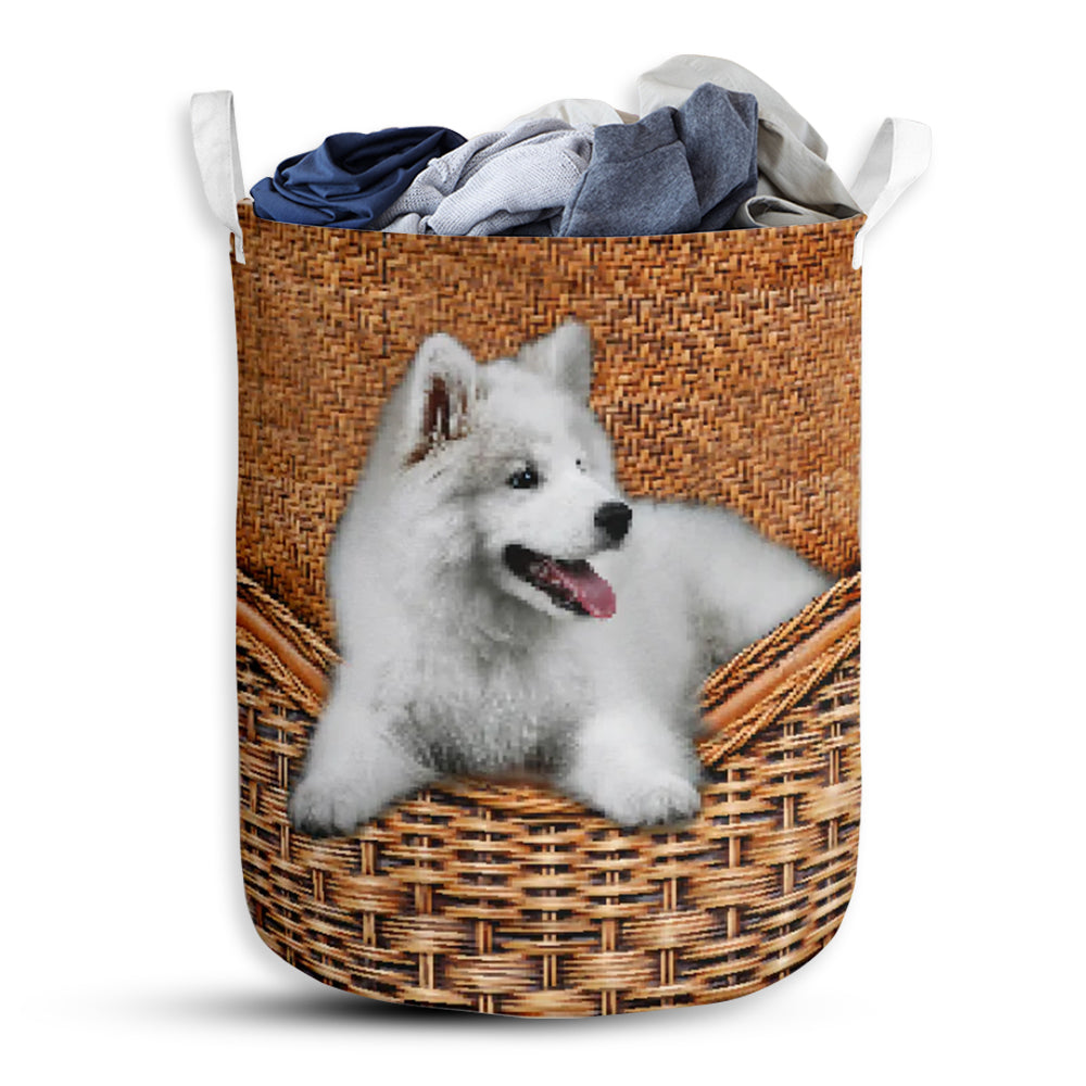 Samoyed Dog Rattan Texture Laundry Basket For Bathroom Bedroom Storage