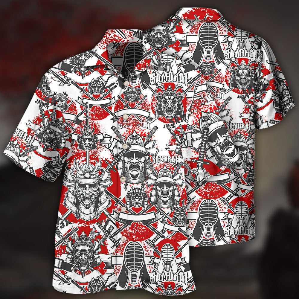 Red Samurai Japan Hawaiian Shirt Artwork Detail For Resort Trips And Outdoor Activities