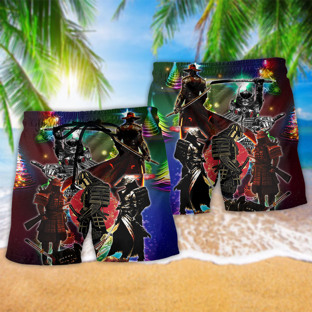 Christmas Samurai Beach Shorts Pattern Detail For Outdoor Activities And Bright Seasonal Outfits
