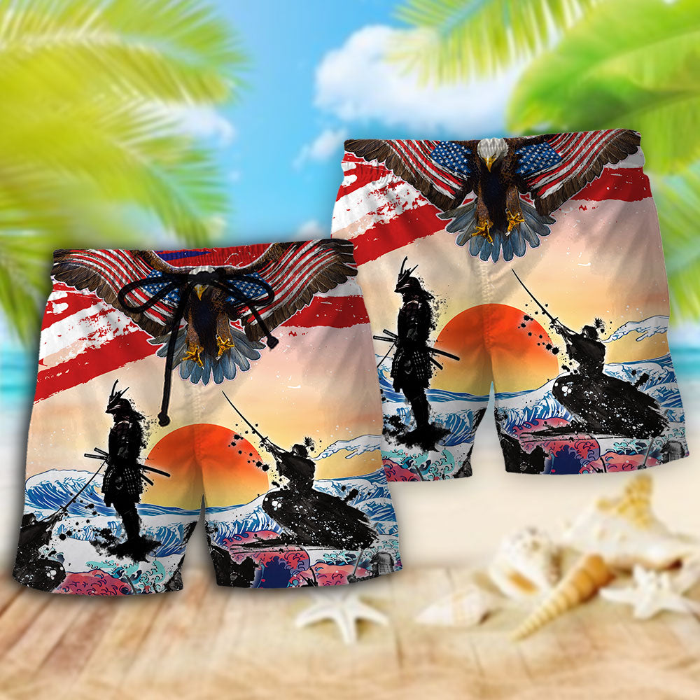 Samurai Eagle US Flag Independence Day Beach Shorts Artwork View For Seaside Trips And Casual Style